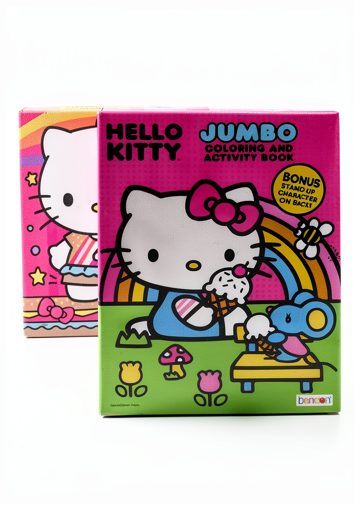 Hello Kitty coloring book open to a vibrant activity page