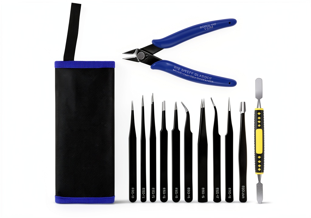 Installing Ainiv Anti Static Stainless Steel Tweezer Set 8‑Piece Compact on a wooden desk
