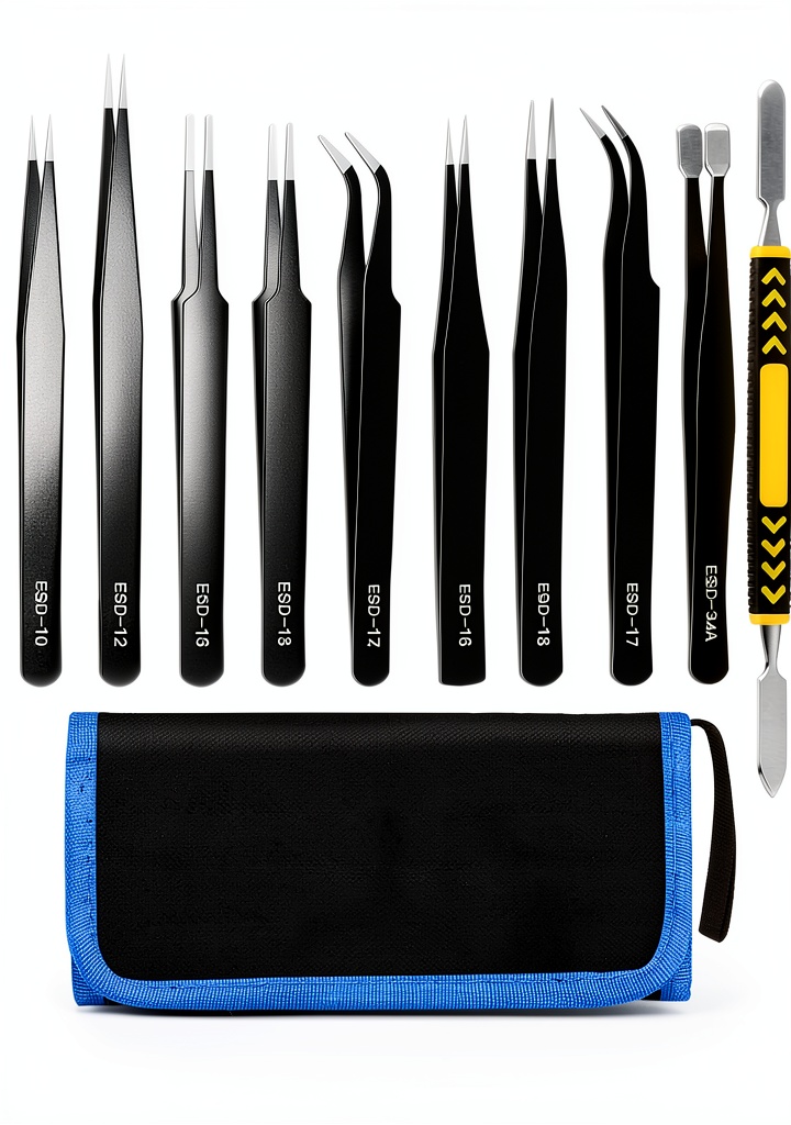 Using Ovveroche Stainless Steel Precision Tweezers 11‑Piece Anti‑Static Set on a workstation