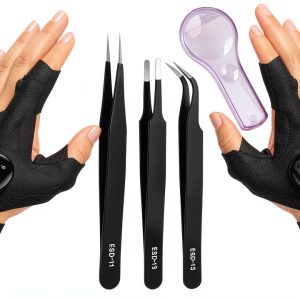 Tiazey Precision Tweezers Kit with LED Gloves Black Small Repair Set-0