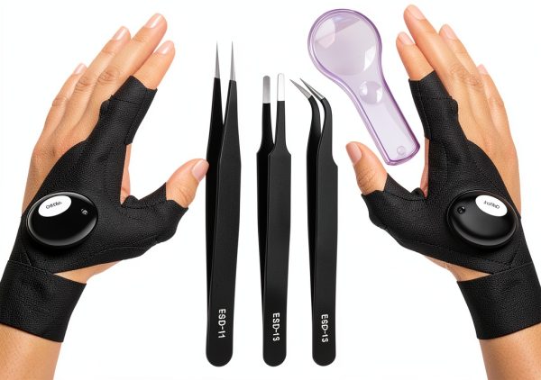 Tiazey Precision Tweezers Kit with LED Gloves Black Small Repair Set-0
